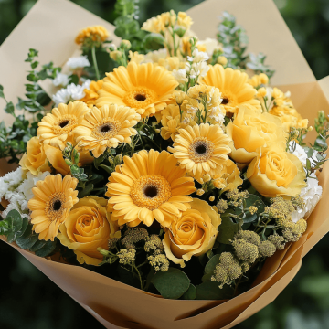 Ramo de Gerberas y Rosas en Tonos Amarillos