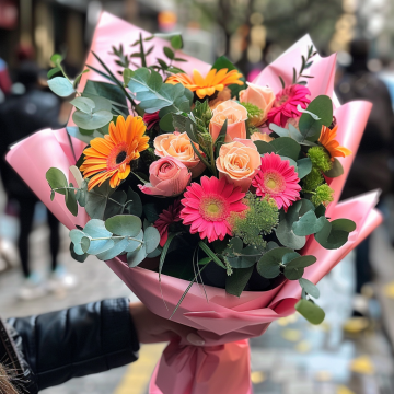 Rosas y Gerberas en Ramo con Papel Rosado